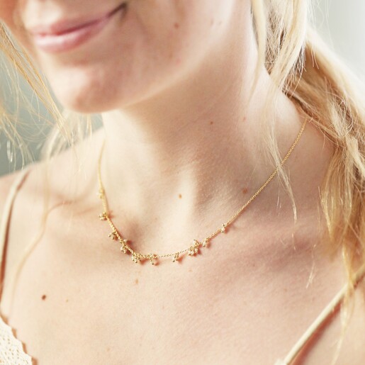 Chain and Pearl Cluster Necklace in Gold on Model