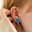 Model Wearing Cobalt Blue Embroidered Star Stud Earrings