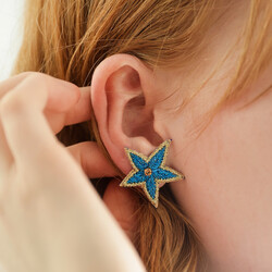 Cobalt Blue Embroidered Star Stud Earrings