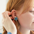 Cobalt Blue Embroidered Star Stud Earrings on Model