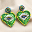 Green Beaded Heart Earrings With Eye Detail