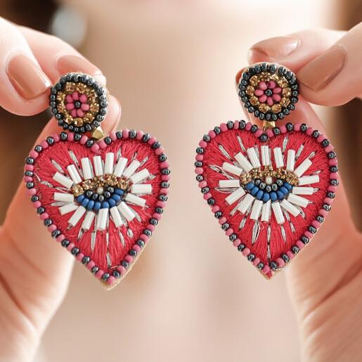 Hot Pink Heart Drop Earrings Valentine Beaded Pink Earrings Handcrafted USA 