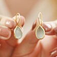 Model Holding Mint Green Teardrop Drop Earrings in Gold