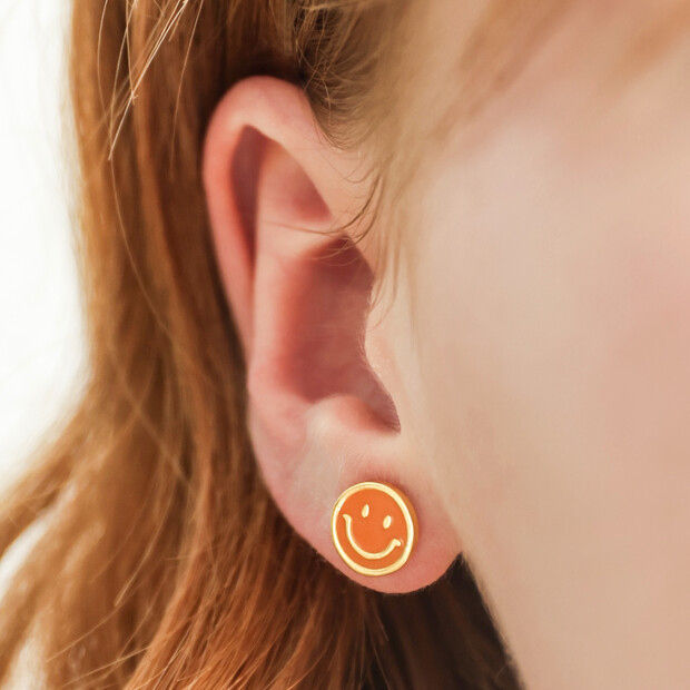 My Doris Orange Enamel Smiley Face Stud Earrings in Gold My Doris Orange Enamel Smiley Face Stud Earrings in Gold