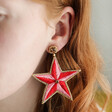Model Wearing Pink and Red Embroidered Star Drop Earrings