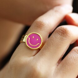 My Doris Pink Smiley Face Enamel Ring in Gold