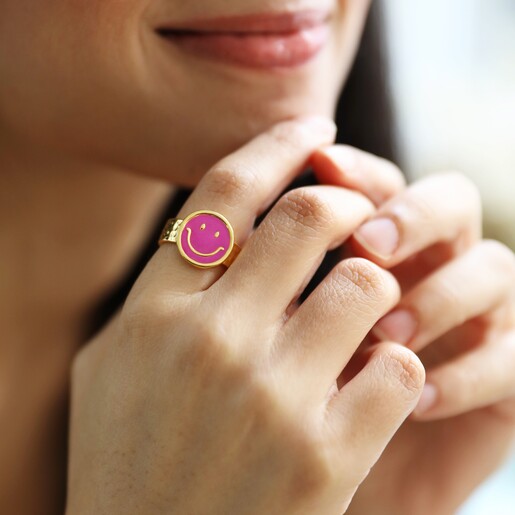 Pink Smiley Face Enamel Ring in Gold on Model