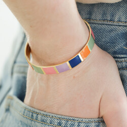 Rainbow Stripe Enamel Cuff Bangle in Gold