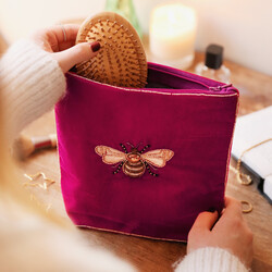 Velvet Beaded Bee Make Up Bag in Magenta