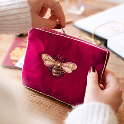 My Doris Velvet Beaded Bee Purse in Magenta