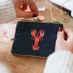 Velvet Beaded Lobster Coin Purse in Teal