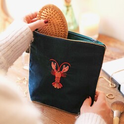 Velvet Beaded Lobster Make Up Bag in Teal
