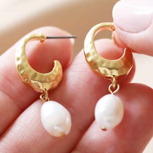 Lisa Angel Ladies' Gold Organic Shape Hoop Earrings with Freshwater Pearl