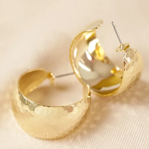 Wide Hammered Hoop Earrings in Gold on Model