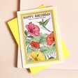 Vintage Floral Bird Print Birthday Card with Envelope Behind on Beige Background