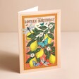 Vintage Lemon Print Birthday Card standing with neutral background