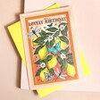 Vintage Lemon Print Birthday Card on top of envelope with neutral background