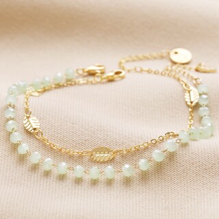 Set of 2 Leaf Chain and Green Beaded Bracelets in Gold