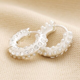 Crystal and Pearl Huggie Hoop Earrings in Silver