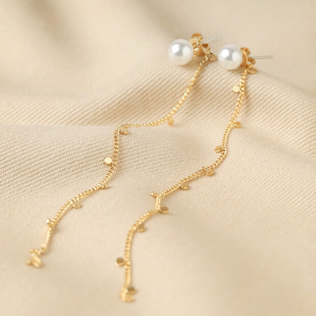 Pearl and Chain Drop Stud Earrings in Gold Pearl and Chain Drop Stud Earrings in Gold