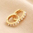 Pearl Studded Huggie Hoop Earrings in Gold on Neutral Coloured Fabric