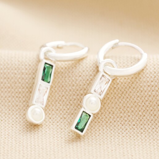 Stone and Pearl Drop Huggie Hoop Earrings in Silver on Neutral Fabric