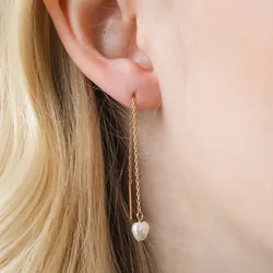 Thread Through Pearl Chain Earrings in Gold