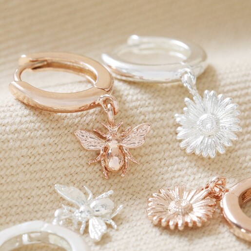 Mismatched Daisy and Bee Huggie Hoop Earrings in Silver with Other Colour Available in Rose Gold