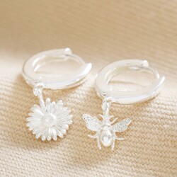 Mismatched Daisy and Bee Huggie Hoop Earrings in Silver