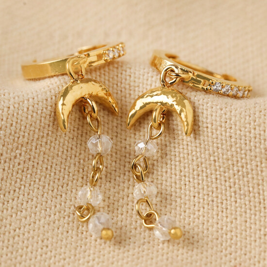 Crystal moon huggie earrings with chain/bead drop