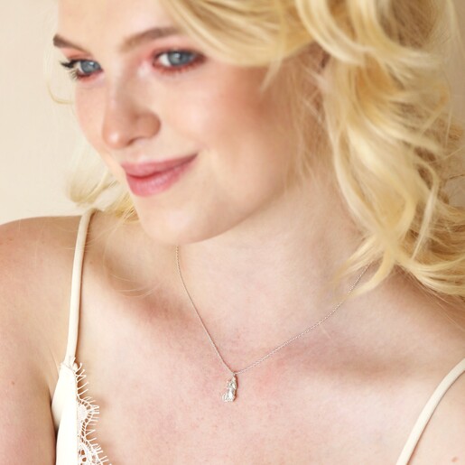 Cat Pendant Necklace in Silver on model smiling