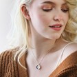 Blonde Model Wearing Celestial Semi-Precious Stone Pendant Necklace in Silver with Brown Jumper