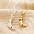 Colourful Crystal Crescent Moon Hammered Pendant Necklace in Gold with silver version
