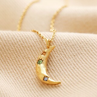 Colourful Crystal Crescent Moon Hammered Pendant Necklace in Gold