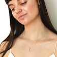 Model wearing Colourful Crystal Crescent Moon Hammered Pendant Necklace in Silver 