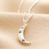 Close up of pendant on Colourful Crystal Crescent Moon Hammered Pendant Necklace in Silver 