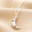 Close up of pendant on Colourful Crystal Crescent Moon Hammered Pendant Necklace in Silver 