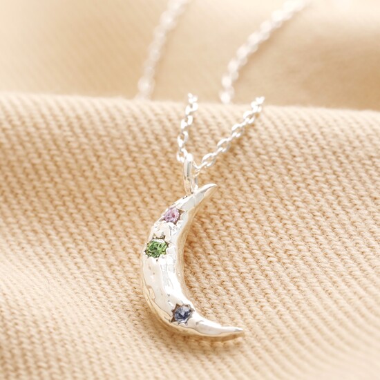 Delicate Swarovski Crystal Hammered Moon Pendant Necklace Silver