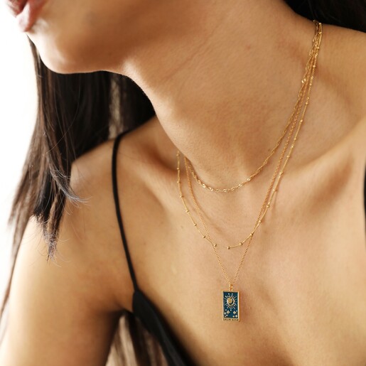 Model Wearing Enamel Blue Moon Tarot Card Pendant Necklace in Gold
