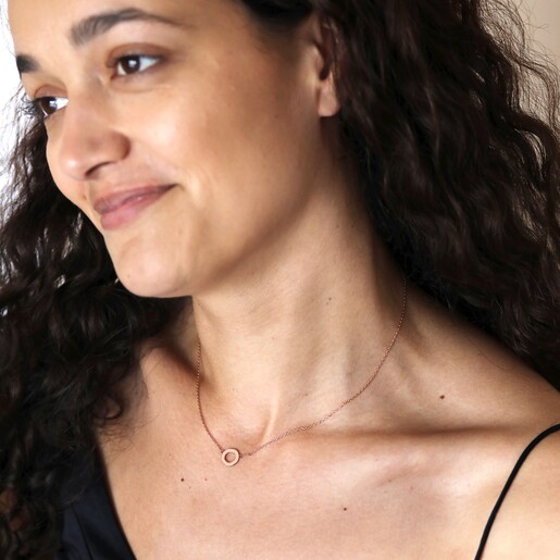 Dark Haired model wearing Eternity Ring Pendant Necklace in Rose Gold