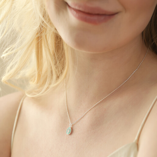 Model Wearing Mint Green Crystal Enamel Necklace in Silver