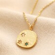Multicoloured Crystal Daisy Disc Pendant Necklace in Gold on neutral coloured fabric