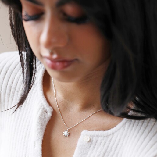 Opal Sun Pendant Necklace in Silver on Model