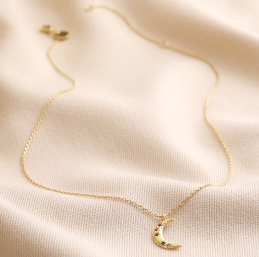 Rainbow Crystal Crescent Moon Pendant Necklace in Gold Full Length