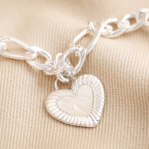 Silver Chunky Figaro Chain Heart Necklace with Pearl Shell Centre 