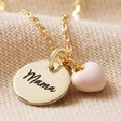 Close Up of Mama Personalised Mum Charm Pink Enamel Heart Necklace in Gold