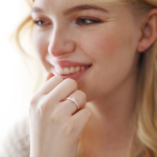 Model Wearing Adjustable February Violet Birth Flower Ring in Silver