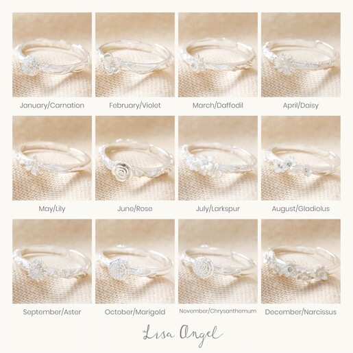 Collage of All Twelve Designs of the Birth Flower Ring in Silver