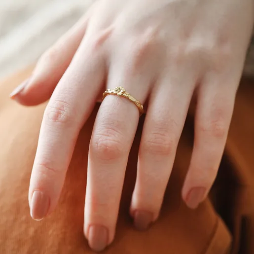 February Violet Birth Flower Ring in Gold Worn by Model