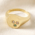 Multicoloured Crystal Daisy Signet Ring in Gold on Neutral coloured fabric